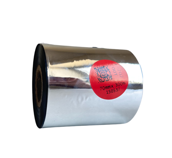 Cinta de transferencia térmica E-202 de resina-cera premium para algodón, 70 mm x 300 m, OUT.